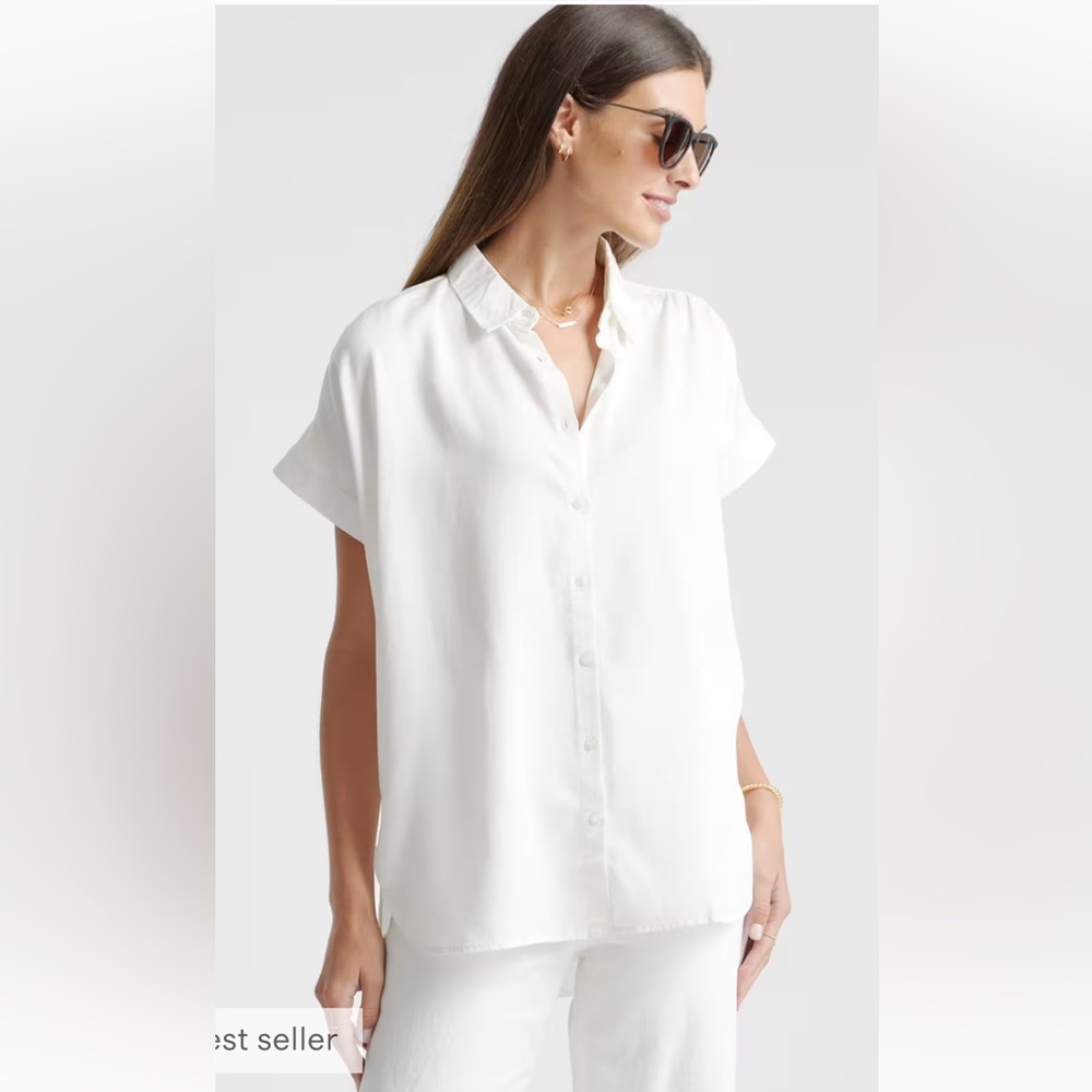 Quince White Vintage Wash Tencel Camp Button Down Minimalist Modern Shirt NWOT M
